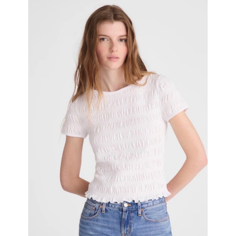 Madewell Smocked Short Sleeve Top Large White Cotton Blend Casual